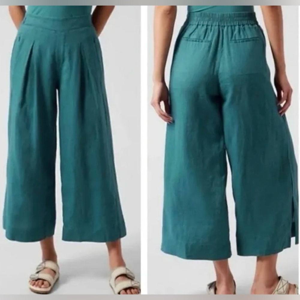 Athleta Teal Playa Linen Wide Leg Crop Pants